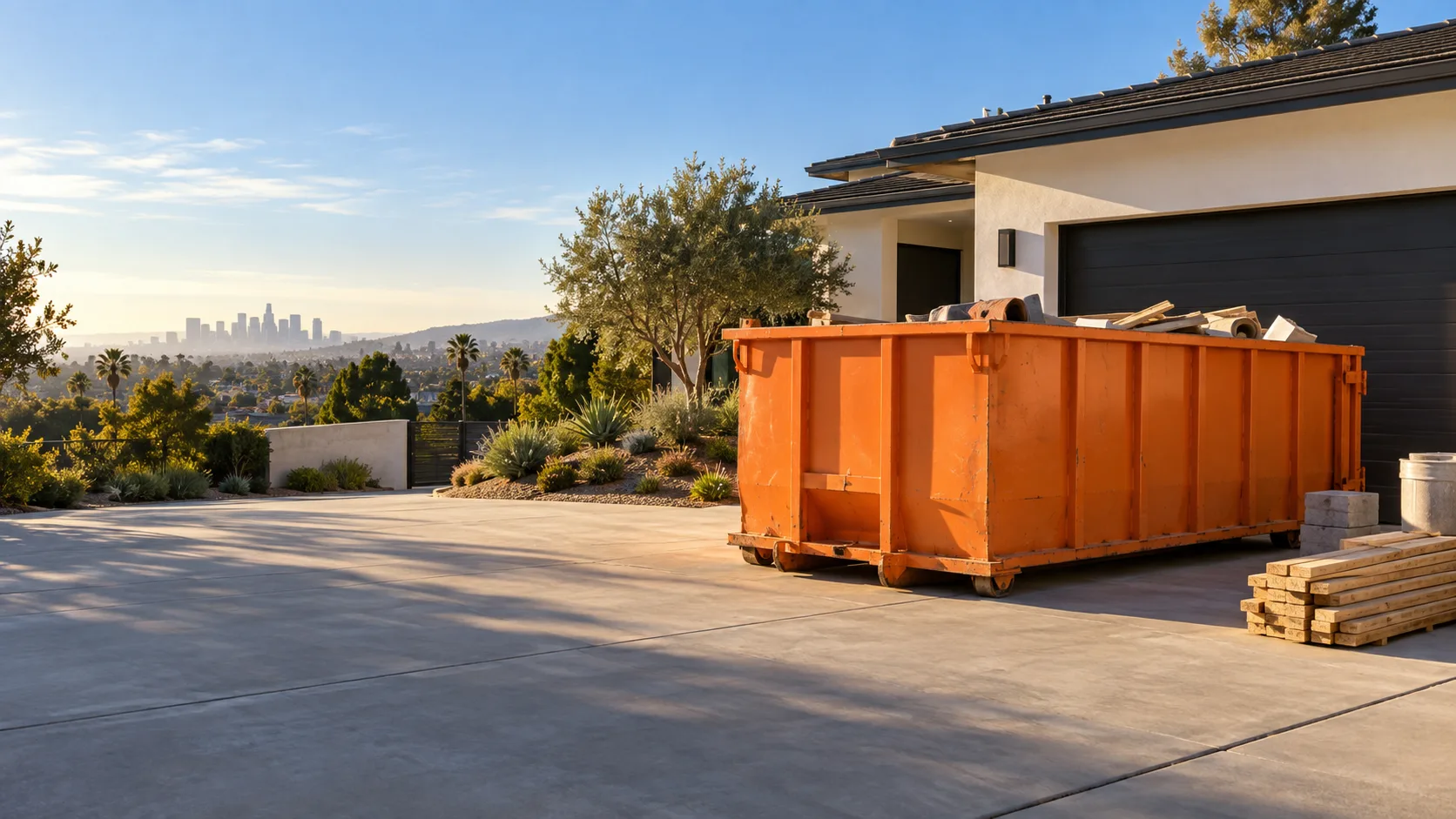 Orange roll-off dumpster on a Los Angeles driveway