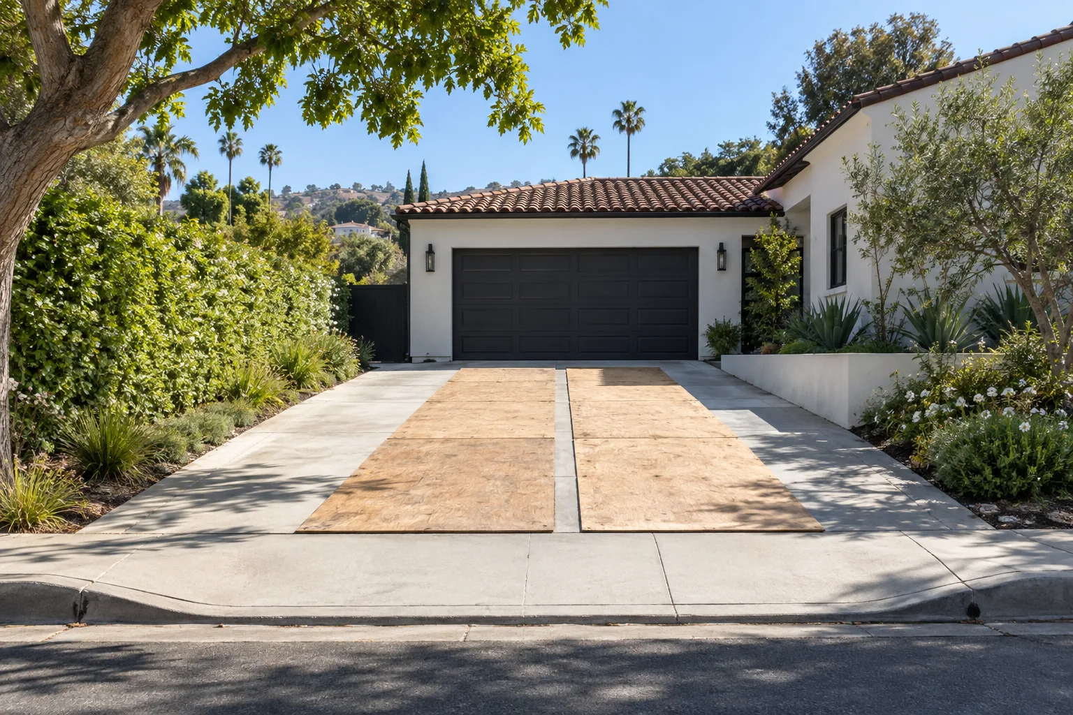 Los Angeles driveway prepared with plywood boards and clear truck access