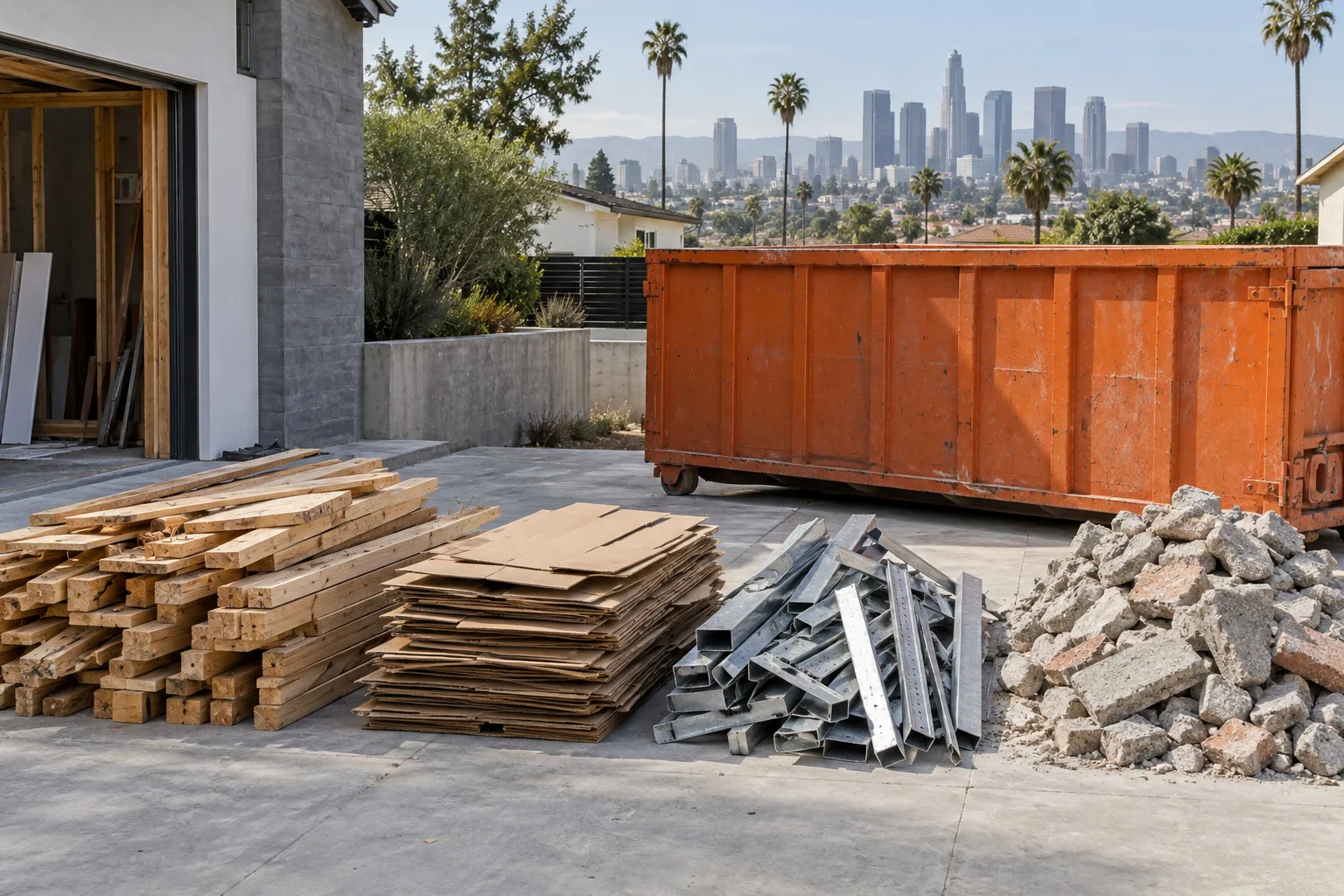 Sorted lumber, cardboard, metal and masonry beside an orange roll-off dumpster