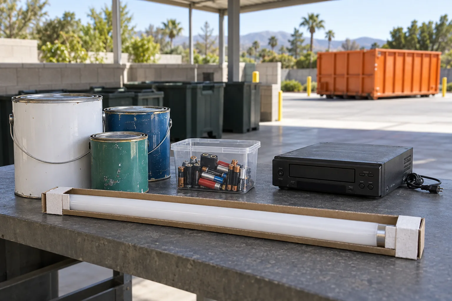 Paint cans, batteries, a fluorescent lamp and electronics separated for special handling